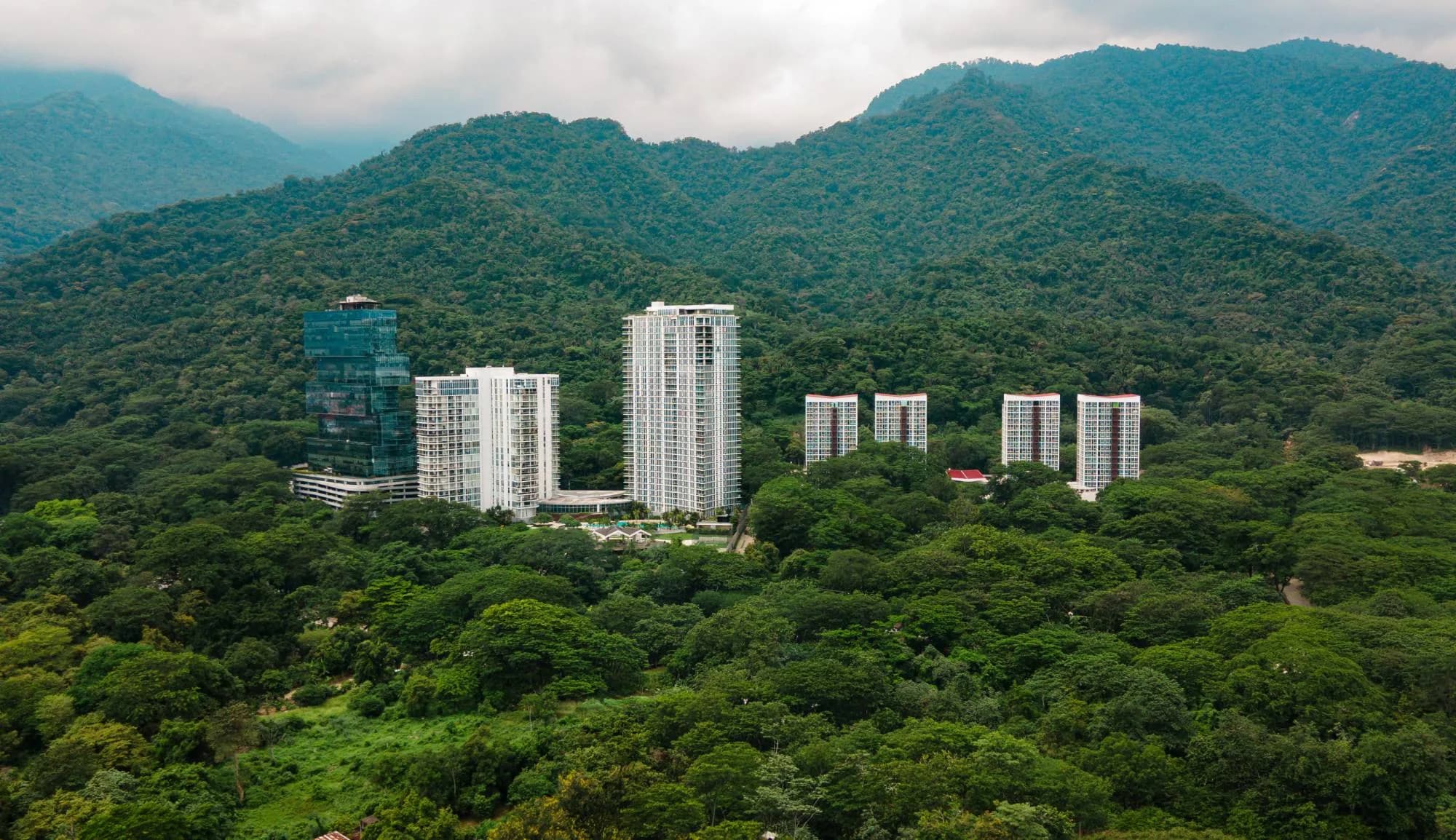 Aerial view of the Nuevos Horizontes towers surrounded by forest and mountains